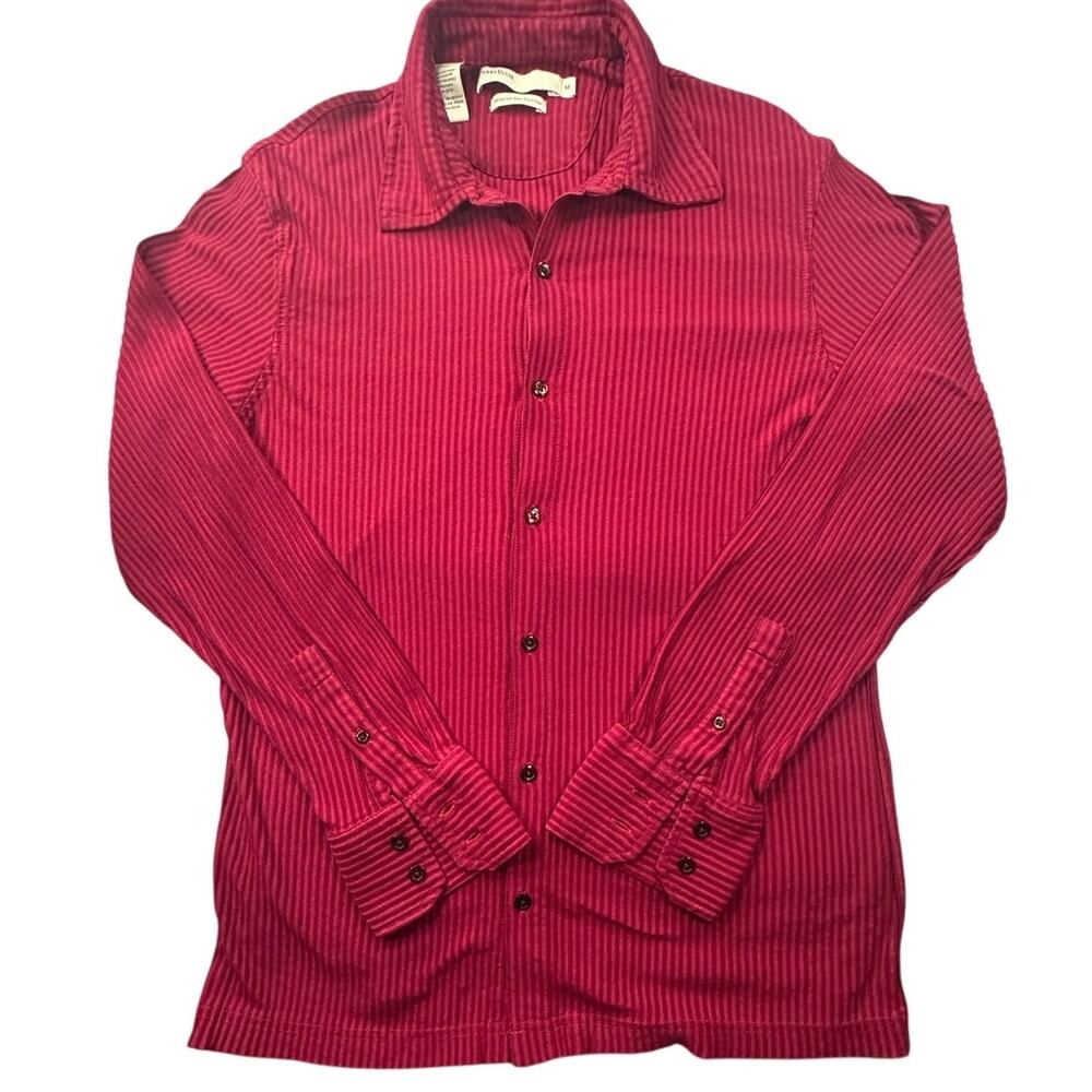Perry Ellis Button Up Shirt Red Ribbed Mercerized Cotton Long Sleeve Mens Medium